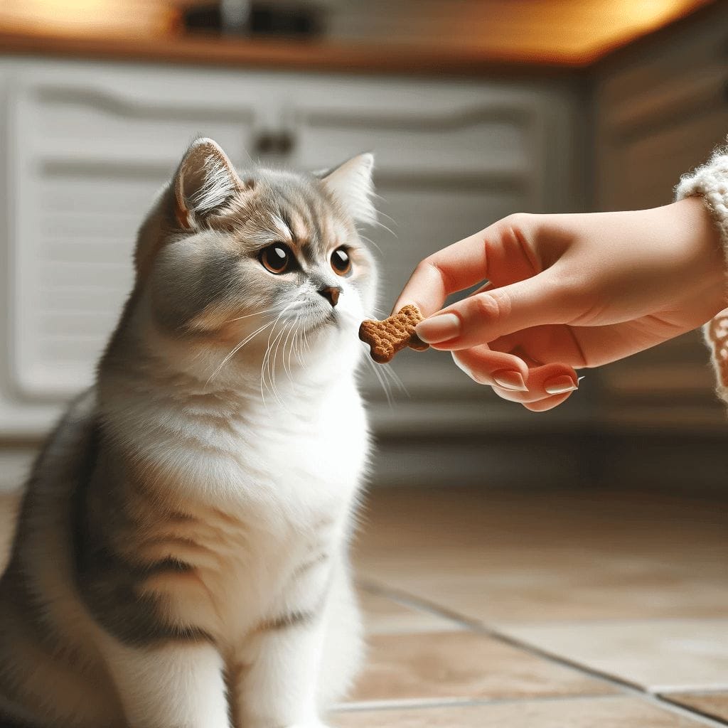 a cat being taught to sit