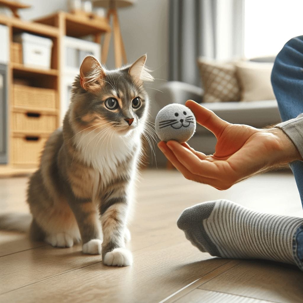 image of a cat being taught to fetch