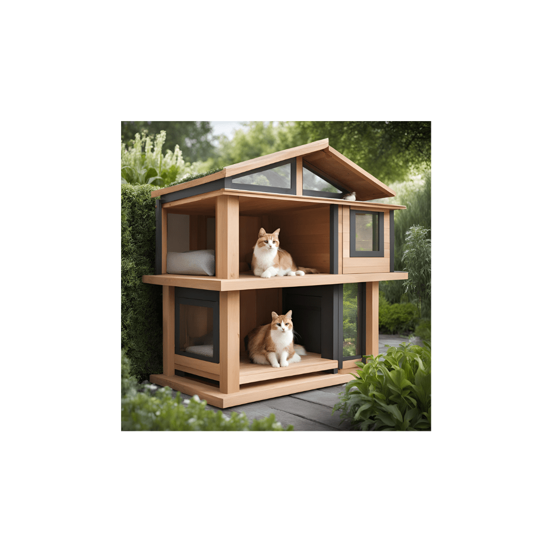 A stylish and cozy outdoor cat house in a lush garden with multiple levels and a protective roof.