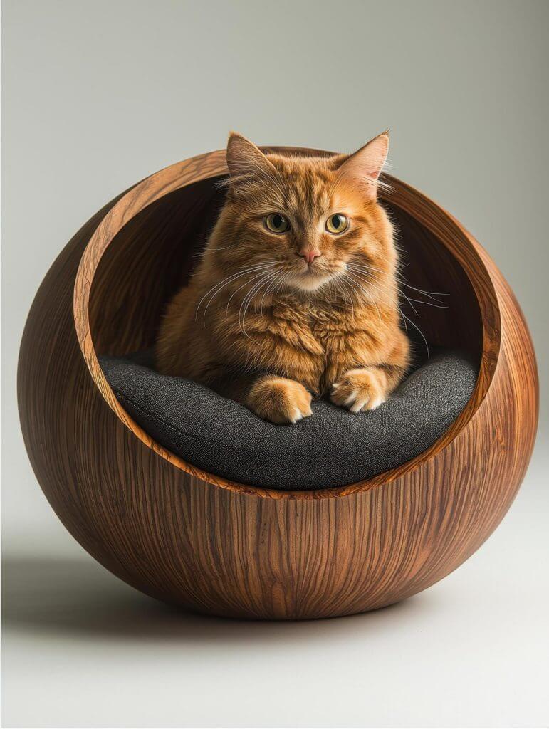 cat laying in a cave styled cat bed